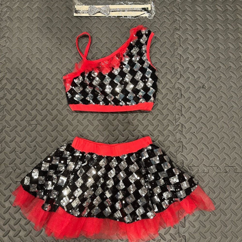 Sparkly Black & Silver Checkered Two-Piece w/ Pink Ruffles and Bow Tie Hair Band